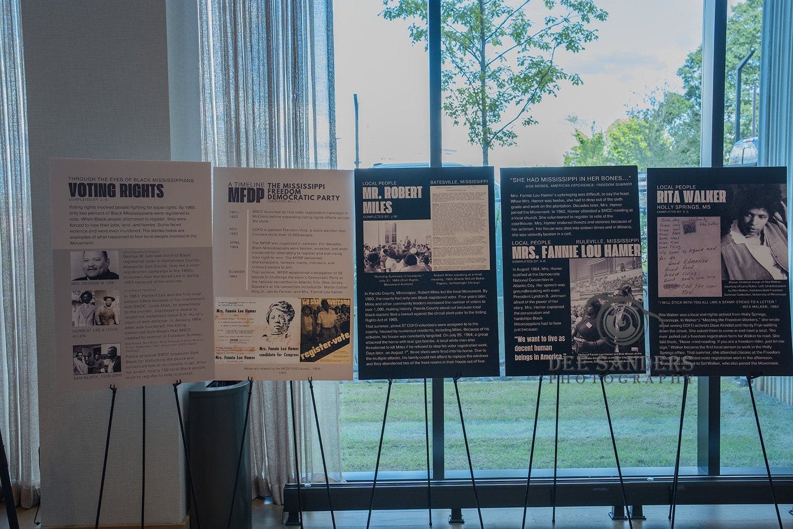 Exhibit panels on voting rights history in the conference lobby